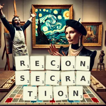 Creative illustration for a Scrabble game with the word RECONSECRATION spelled out in tiles on the board.