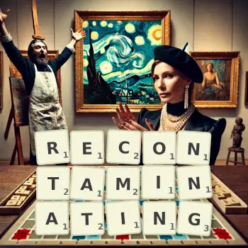 Creative illustration for a Scrabble game with the word RECONTAMINATING spelled out in tiles on the board.