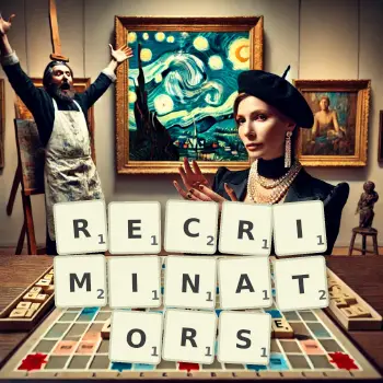 Creative illustration for a Scrabble game with the word RECRIMINATORS spelled out in tiles on the board.