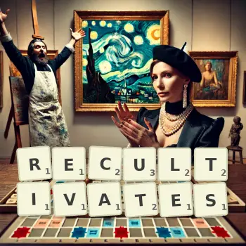 Creative illustration for a Scrabble game with the word RECULTIVATES spelled out in tiles on the board.