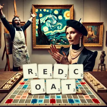 Creative illustration for a Scrabble game with the word REDCOAT spelled out in tiles on the board.
