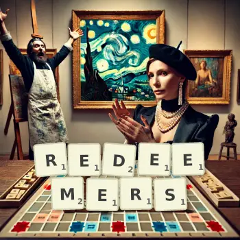 Creative illustration for a Scrabble game with the word REDEEMERS spelled out in tiles on the board.