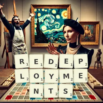 Creative illustration for a Scrabble game with the word REDEPLOYMENTS spelled out in tiles on the board.