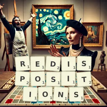 Creative illustration for a Scrabble game with the word REDISPOSITIONS spelled out in tiles on the board.