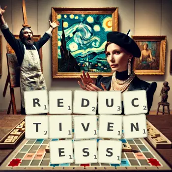 Creative illustration for a Scrabble game with the word REDUCTIVENESS spelled out in tiles on the board.