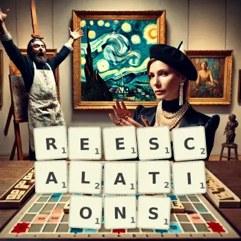 Creative illustration for a Scrabble game with the word REESCALATIONS spelled out in tiles on the board.