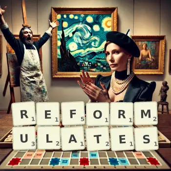 Creative illustration for a Scrabble game with the word REFORMULATES spelled out in tiles on the board.