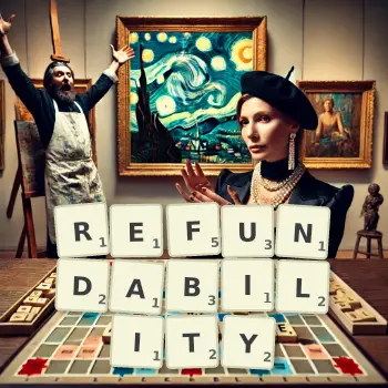 Creative illustration for a Scrabble game with the word REFUNDABILITY spelled out in tiles on the board.