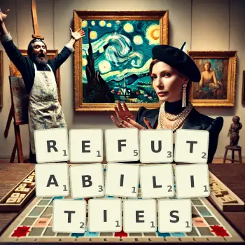 Creative illustration for a Scrabble game with the word REFUTABILITIES spelled out in tiles on the board.