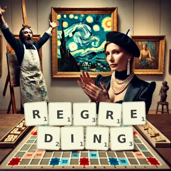 Creative illustration for a Scrabble game with the word REGREDING spelled out in tiles on the board.