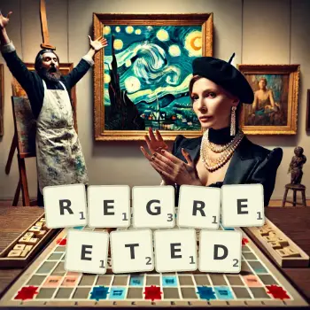 Creative illustration for a Scrabble game with the word REGREETED spelled out in tiles on the board.