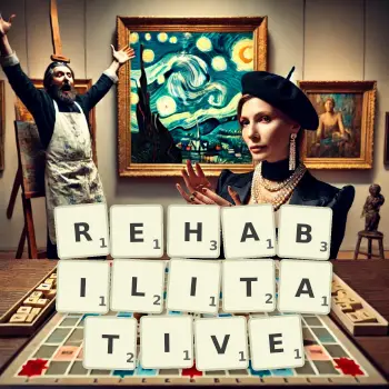 Creative illustration for a Scrabble game with the word REHABILITATIVE spelled out in tiles on the board.