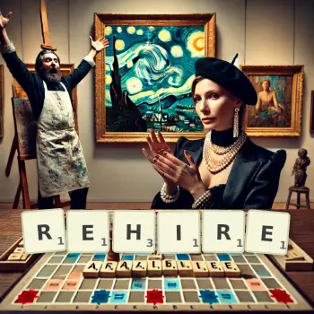 Creative illustration for a Scrabble game with the word REHIRE spelled out in tiles on the board.