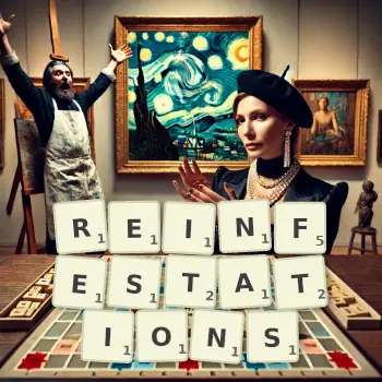 Creative illustration for a Scrabble game with the word REINFESTATIONS spelled out in tiles on the board.