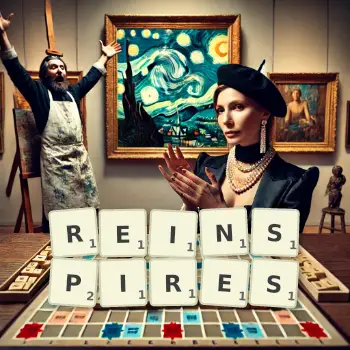 Creative illustration for a Scrabble game with the word REINSPIRES spelled out in tiles on the board.
