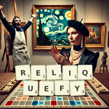 Creative illustration for a Scrabble game with the word RELIQUEFY spelled out in tiles on the board.