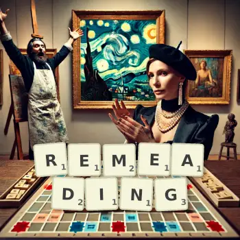 Creative illustration for a Scrabble game with the word REMEADING spelled out in tiles on the board.