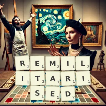 Creative illustration for a Scrabble game with the word REMILITARISED spelled out in tiles on the board.