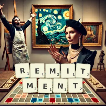 Creative illustration for a Scrabble game with the word REMITMENT spelled out in tiles on the board.