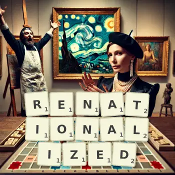 Creative illustration for a Scrabble game with the word RENATIONALIZED spelled out in tiles on the board.