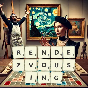 Creative illustration for a Scrabble game with the word RENDEZVOUSING spelled out in tiles on the board.