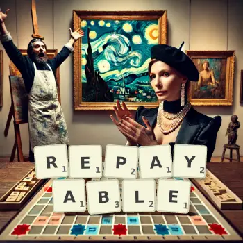 Creative illustration for a Scrabble game with the word REPAYABLE spelled out in tiles on the board.