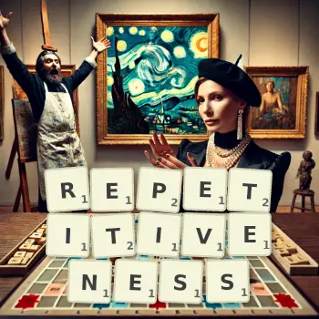 Creative illustration for a Scrabble game with the word REPETITIVENESS spelled out in tiles on the board.