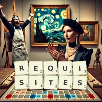 Creative illustration for a Scrabble game with the word REQUISITES spelled out in tiles on the board.