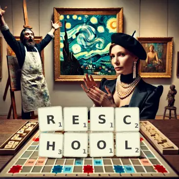 Creative illustration for a Scrabble game with the word RESCHOOL spelled out in tiles on the board.