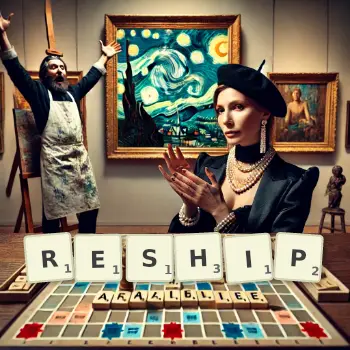 Creative illustration for a Scrabble game with the word RESHIP spelled out in tiles on the board.