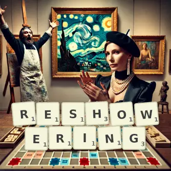 Creative illustration for a Scrabble game with the word RESHOWERING spelled out in tiles on the board.