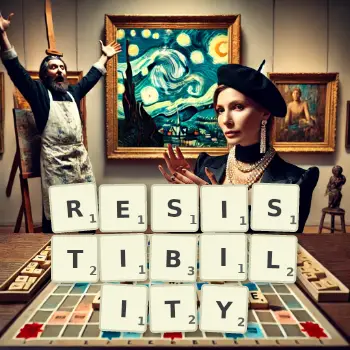 Creative illustration for a Scrabble game with the word RESISTIBILITY spelled out in tiles on the board.