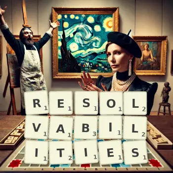 Creative illustration for a Scrabble game with the word RESOLVABILITIES spelled out in tiles on the board.