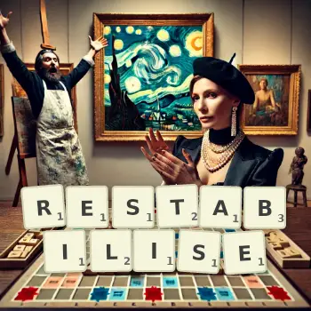 Creative illustration for a Scrabble game with the word RESTABILISE spelled out in tiles on the board.