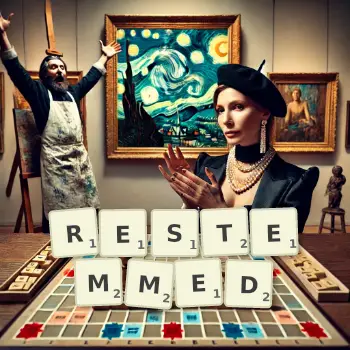 Creative illustration for a Scrabble game with the word RESTEMMED spelled out in tiles on the board.