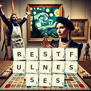 Creative illustration for a Scrabble game with the word RESTFULNESSES spelled out in tiles on the board.