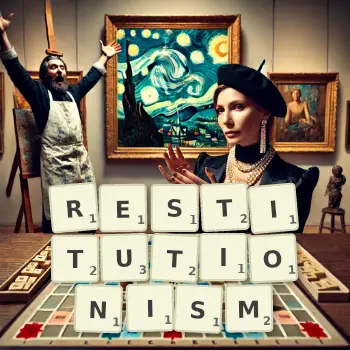Creative illustration for a Scrabble game with the word RESTITUTIONISM spelled out in tiles on the board.