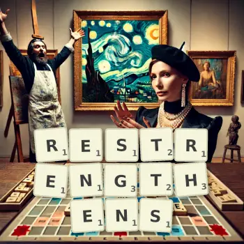 Creative illustration for a Scrabble game with the word RESTRENGTHENS spelled out in tiles on the board.