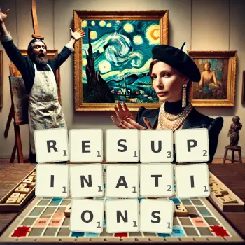Creative illustration for a Scrabble game with the word RESUPINATIONS spelled out in tiles on the board.