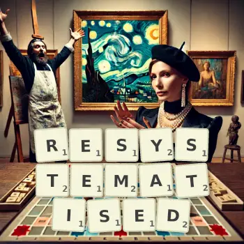 Creative illustration for a Scrabble game with the word RESYSTEMATISED spelled out in tiles on the board.