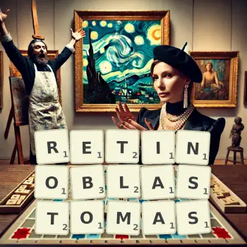 Creative illustration for a Scrabble game with the word RETINOBLASTOMAS spelled out in tiles on the board.