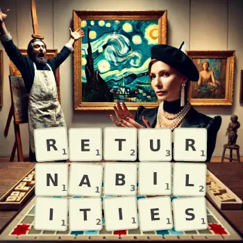Creative illustration for a Scrabble game with the word RETURNABILITIES spelled out in tiles on the board.