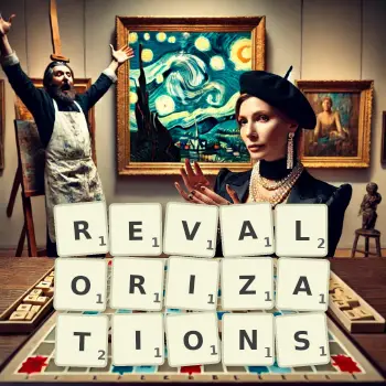 Creative illustration for a Scrabble game with the word REVALORIZATIONS spelled out in tiles on the board.