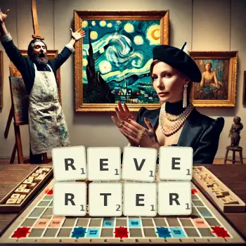 Creative illustration for a Scrabble game with the word REVERTER spelled out in tiles on the board.