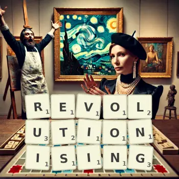 Creative illustration for a Scrabble game with the word REVOLUTIONISING spelled out in tiles on the board.