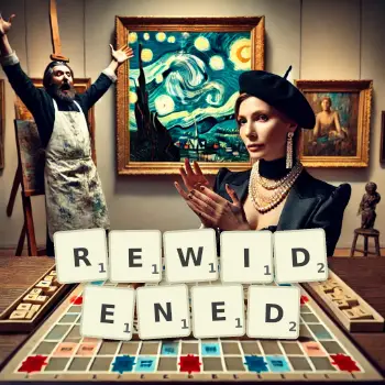 Creative illustration for a Scrabble game with the word REWIDENED spelled out in tiles on the board.