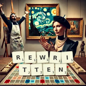 Creative illustration for a Scrabble game with the word REWRITTEN spelled out in tiles on the board.