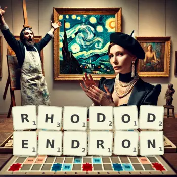 Creative illustration for a Scrabble game with the word RHODODENDRON spelled out in tiles on the board.