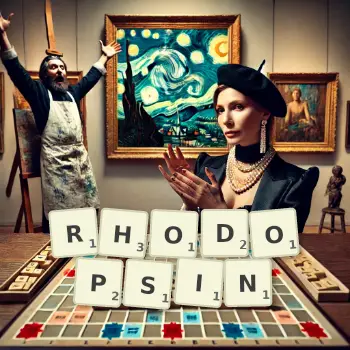 Creative illustration for a Scrabble game with the word RHODOPSIN spelled out in tiles on the board.