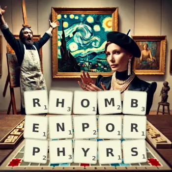 Creative illustration for a Scrabble game with the word RHOMBENPORPHYRS spelled out in tiles on the board.
